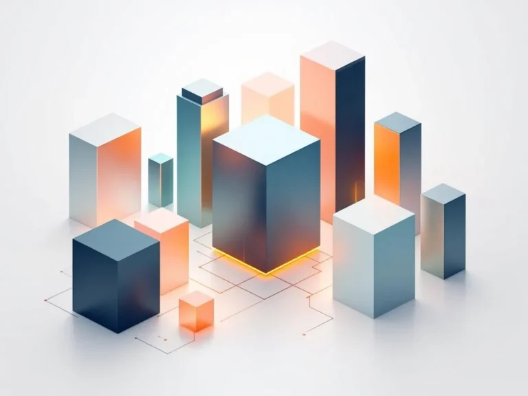 Drie onderling verbonden ERP-systeemblokken in marineblauw, teal en oranje op witte achtergrond met subtiele schaduwen