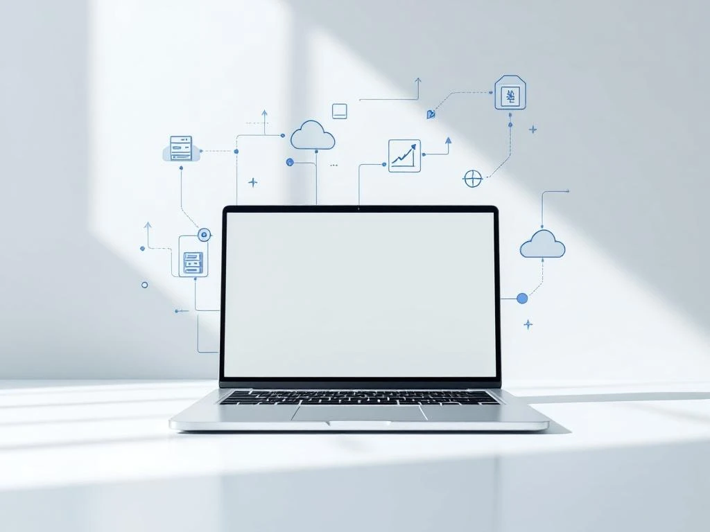 Laptop met ERP-software interface en zwevende technische iconen op witte ondergrond in minimalistische stijl