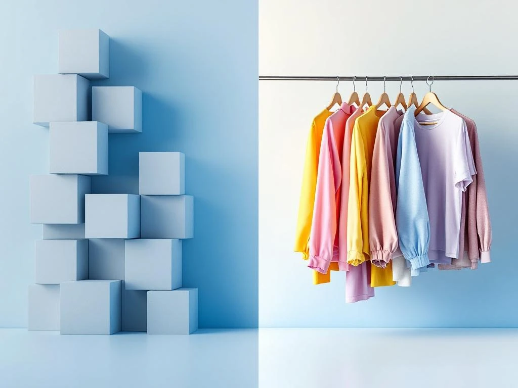 Split-screen vergelijking van standaard ERP-systeem met grijze blokken versus kleurrijk mode-ERP met kledinghangers en stofstalen
