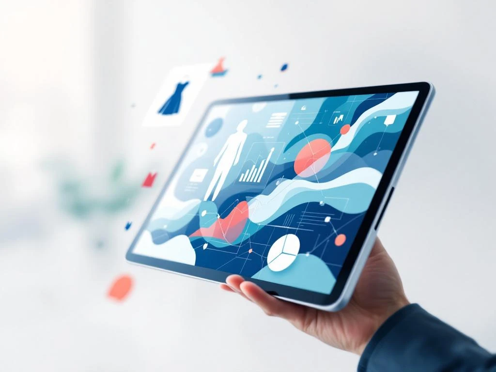 Moderne tablet toont mode-silhouetten en datavisualisaties in navy-blauw en wit voor ERP-systeem zakelijke software