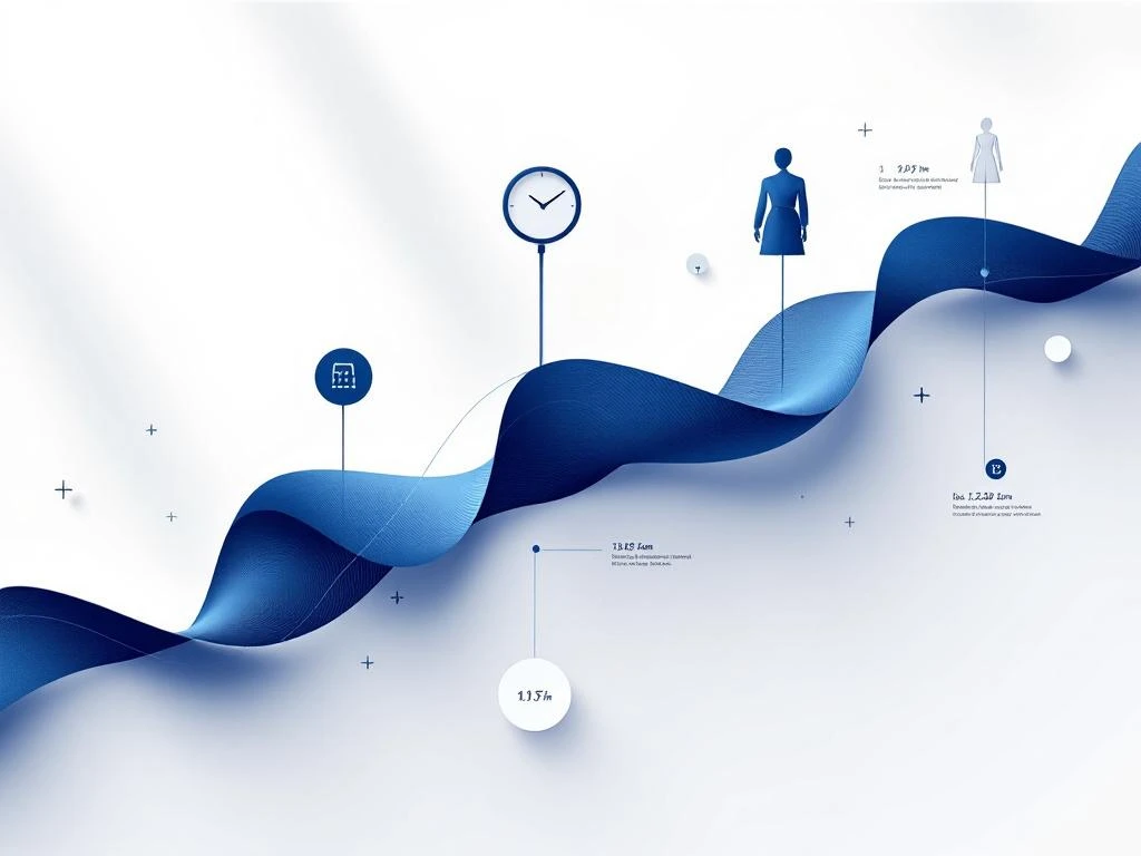 Digitale tijdlijn met modeindustrie symbolen in zakelijke blauwtinten, toont planningsfasen en tijdbeheer