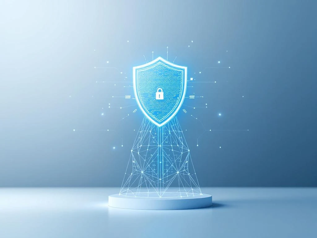 Digitaal beveiligingsschild boven mode-silhouet met blauwe gloed en netwerkverbindingen op minimalistische achtergrond