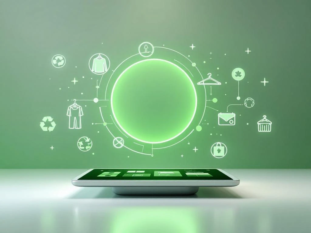 Groene circulaire pijl boven tablet met ERP-interface, omringd door kledinghanger- en recycling-illustraties