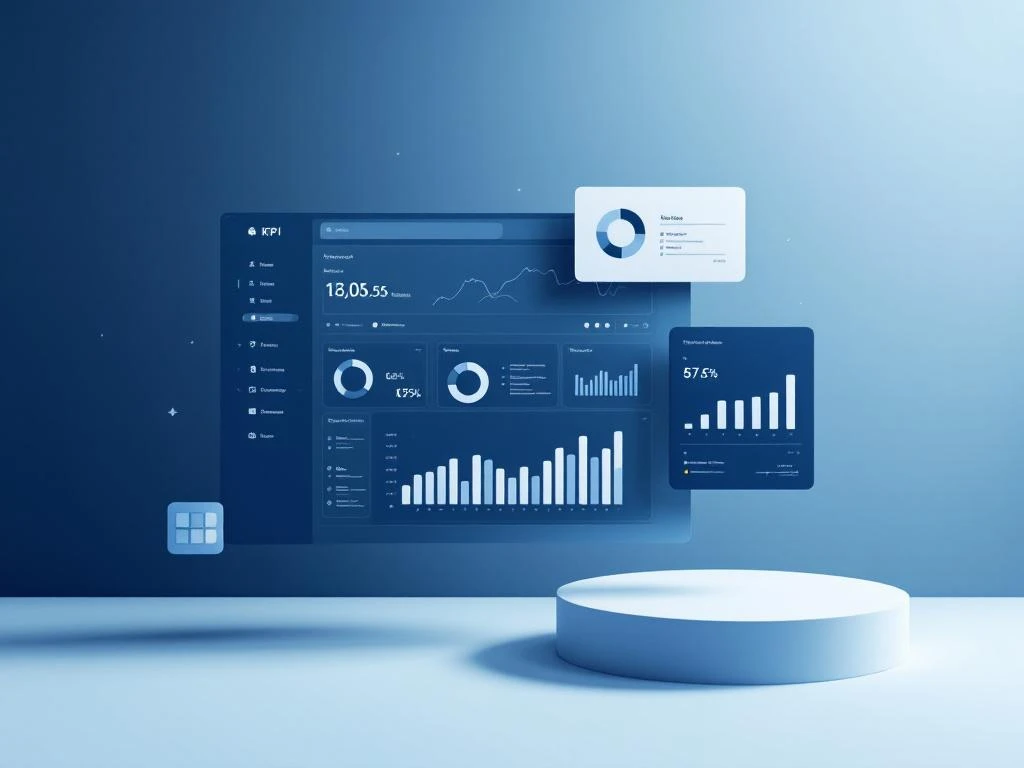 Moderne digitale dashboard met KPI-grafieken en mode-elementen op blauwe gradiënt achtergrond voor ERP-software