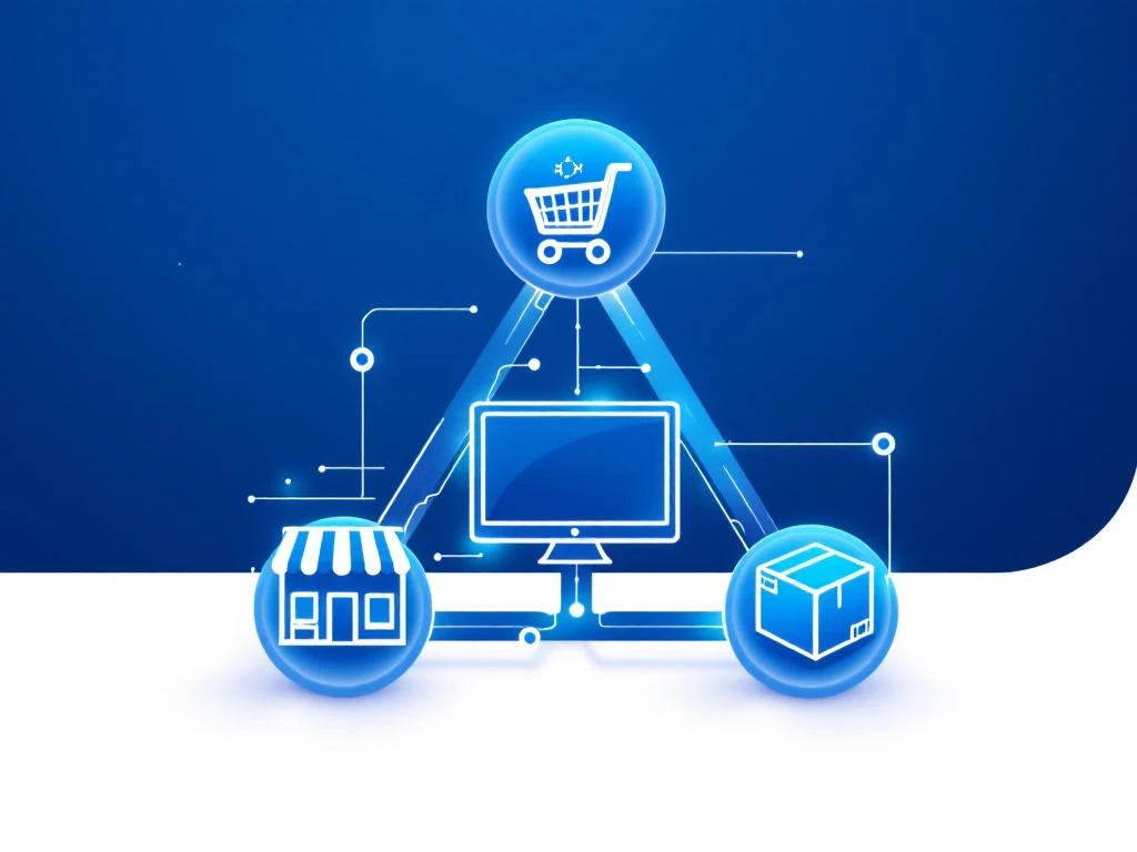 Drie verbonden geometrische vormen in blauw-wit die retailkanalen voorstellen: winkel, computer en magazijn met ERP-datastromen