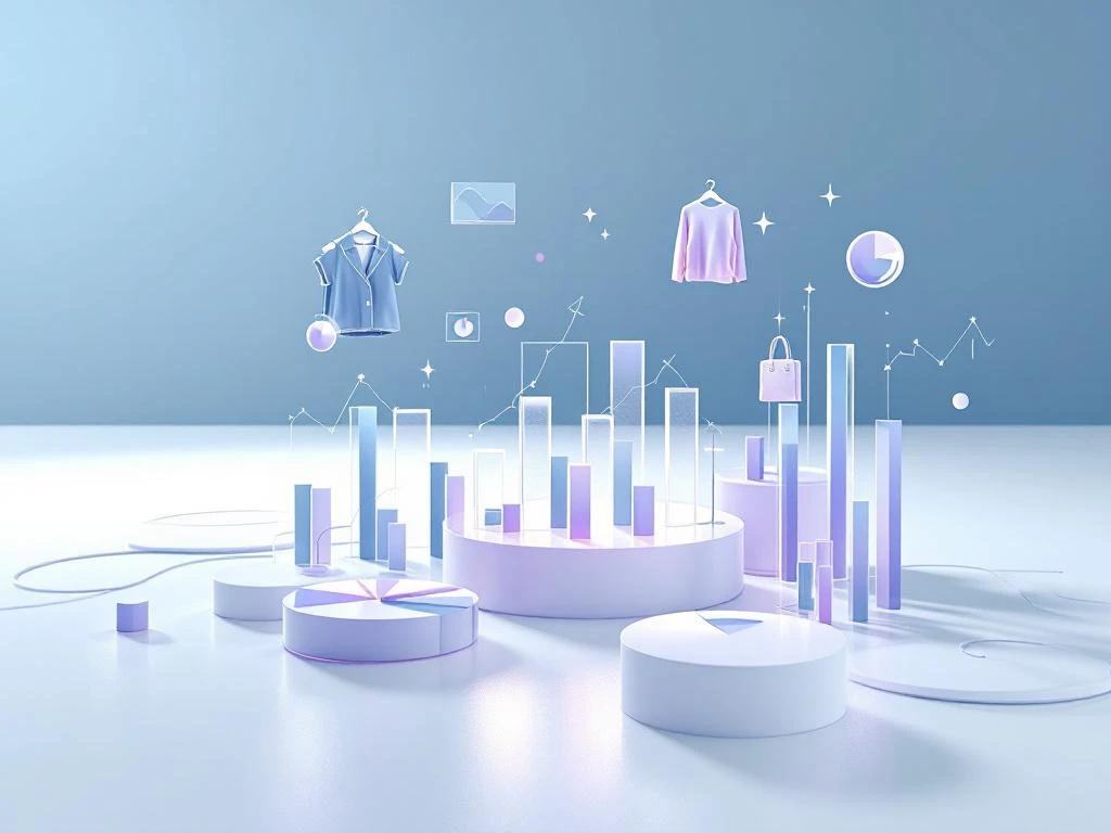 Digitaal dashboard met mode-iconen en 3D-grafieken in blauwe en witte kleuren voor ERP-software visualisatie