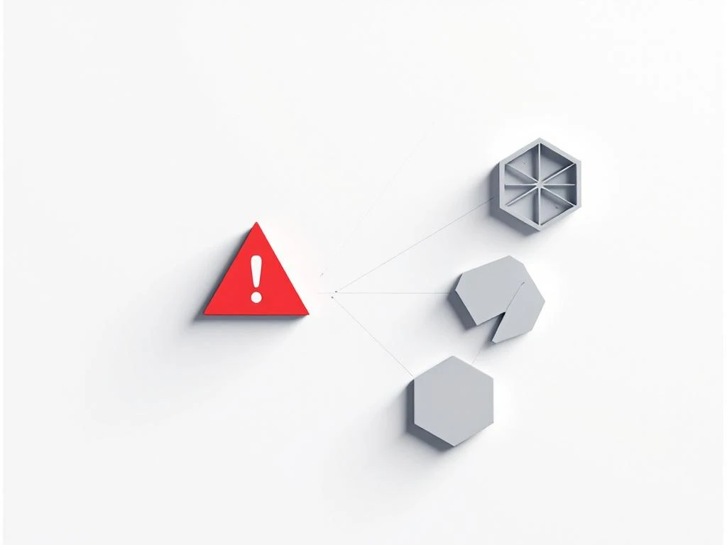 Rode waarschuwingsdriehoek en grijze geometrische vormen die ERP-selectievalkuilen illustreren op witte achtergrond