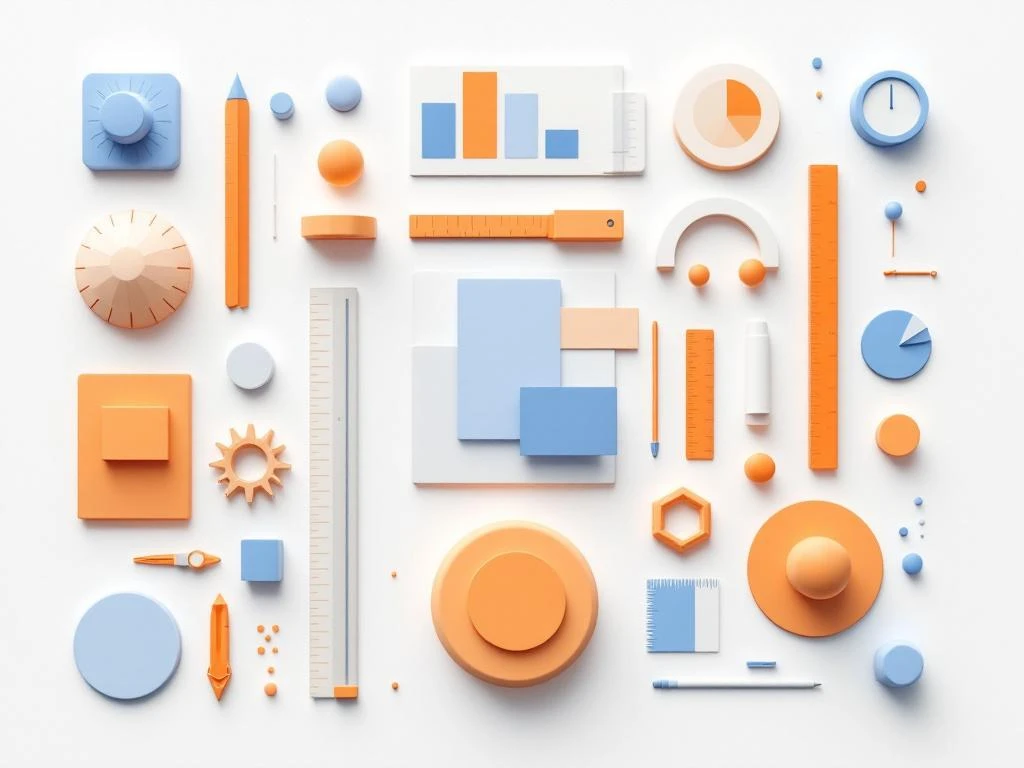 Geometrische vormen, kleurenstalen en meetinstrumenten in georganiseerd raster op witte achtergrond met blauwe en oranje accenten.