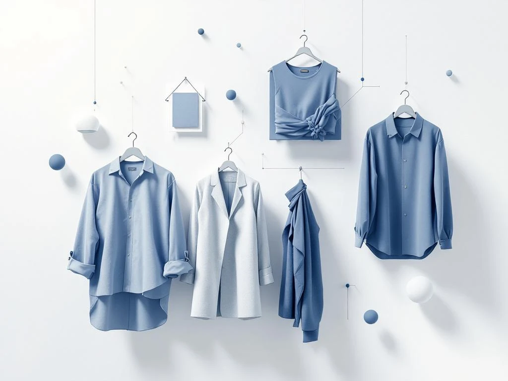 Minimalistische compositie met geometrische mode-elementen en ERP-interface verbindingen in wit, blauw en grijs