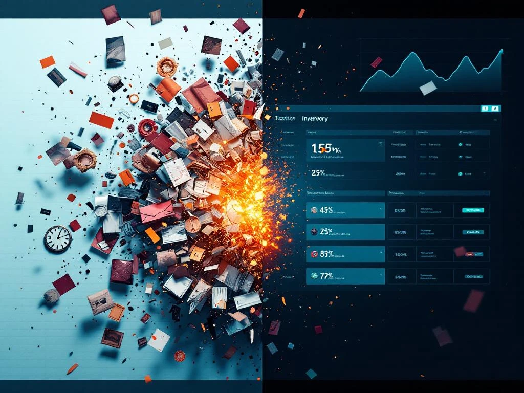 Gesplitst scherm toont rommelige spreadsheet die oplost in digitale deeltjes links, georganiseerde inventaris interface rechts