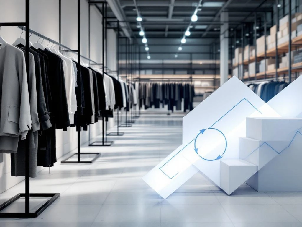 Moderne kledingwinkel met geometrische rekken en blauwe datastroomvormen die retourmanagement illustreren