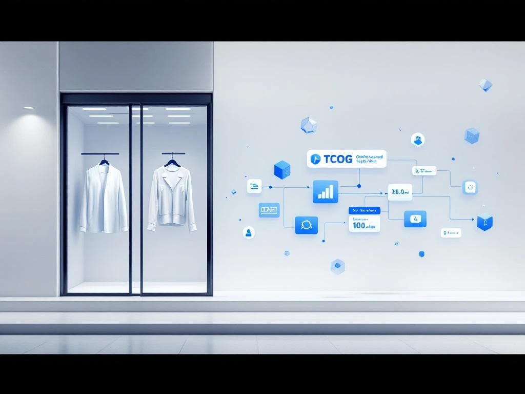 Moderne winkel met mode-artikelen naast digitale workflow-diagram in blauw en wit, symboliseert gestroomlijnde bedrijfsprocessen