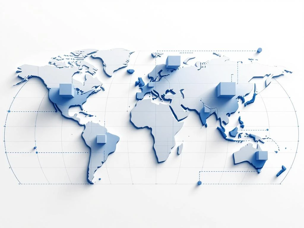 Wereldkaart met productdozen op strategische locaties, verbonden door blauwe stippellijnen op witte achtergrond