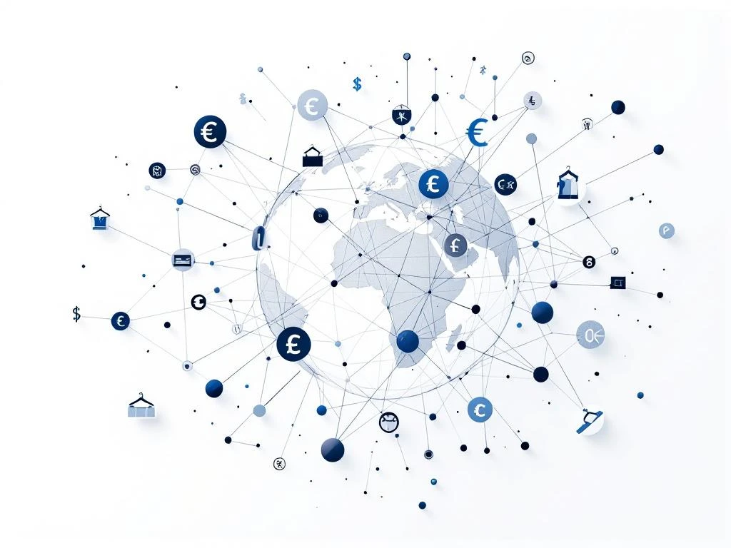 Gestileerde wereldbol met netwerklijnen, valutasymbolen en mode-elementen in minimalistische blauwe en grijze tinten