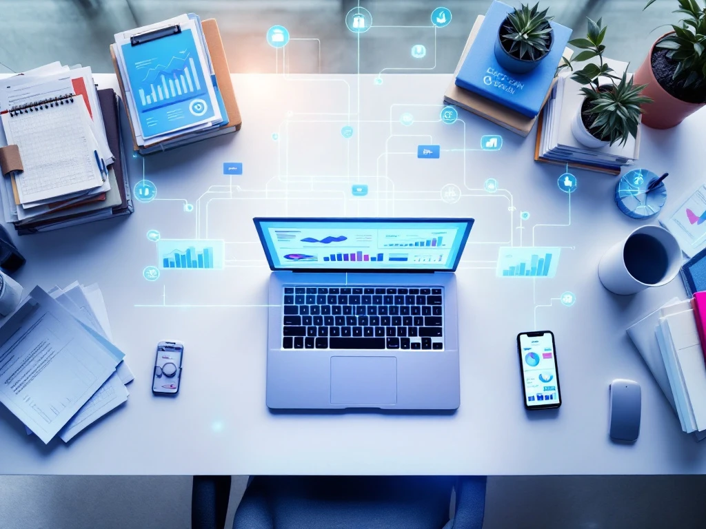 Moderne werkplek met laptop met bedrijfsanalyse dashboards, documenten, smartphone en blauwe netwerkverbindingen