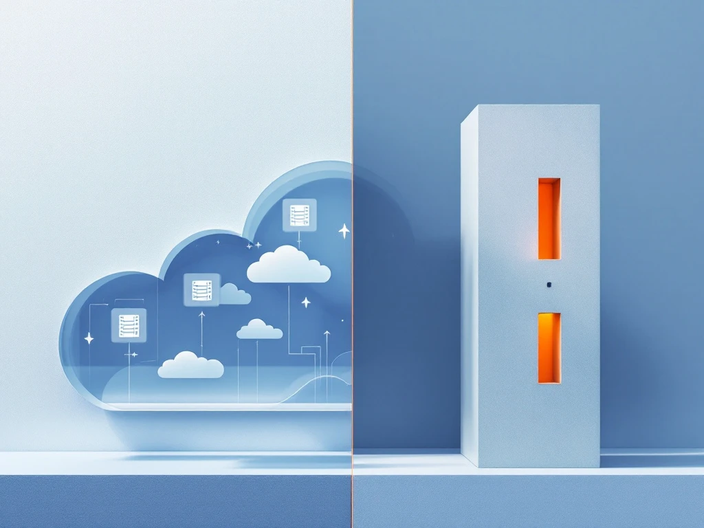Split-screen vergelijking van cloud computing (blauwe glasstructuur links) versus on-premise servers (betonnen toren rechts)