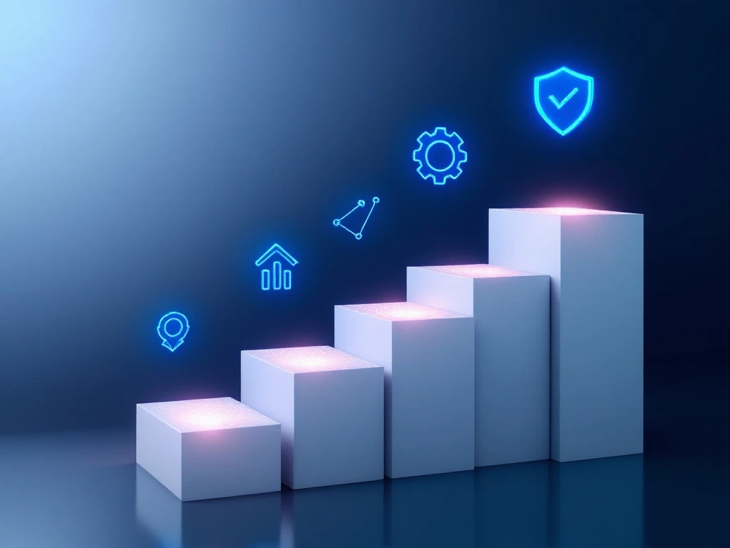 Vijf witte geometrische treden met digitale patronen en blauwe iconen die voortgang naar succes tonen op blauwe achtergrond