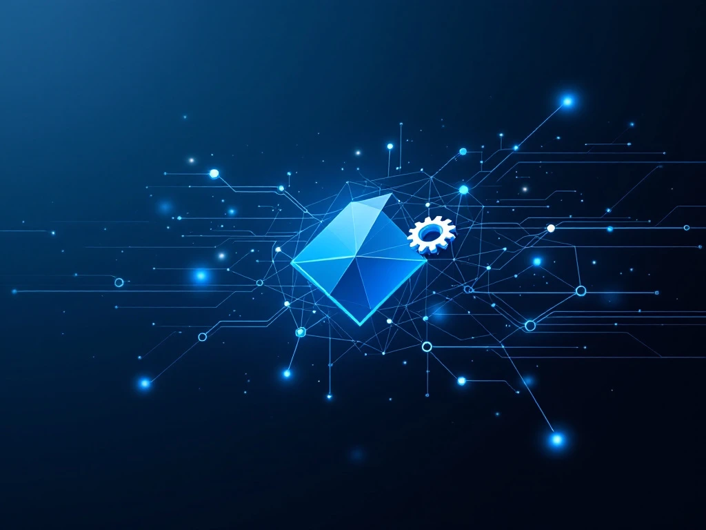 Geometrisch netwerk van verbonden knooppunten in blauw en wit, met geautomatiseerde bedrijfsprocessen en ERP-elementen.