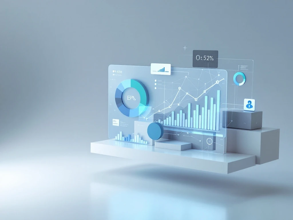 Dashboard-interface met blauwe en grijze datavisualisaties, oplopende verkoopgrafieken en ERP-systeempictogram in witte ruimte.