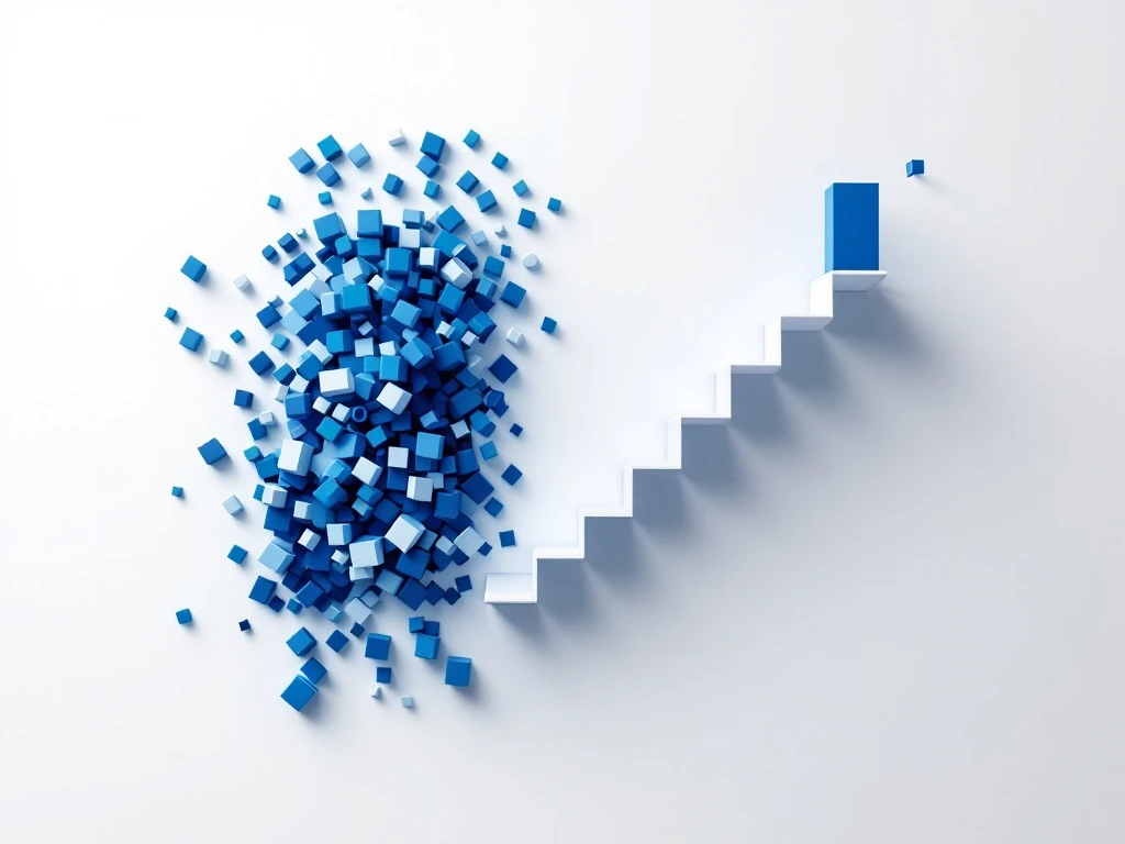 3D blauwe en witte blokken transformeren van chaotische opstelling naar georganiseerde trap, met pijlen die strategische verandering tonen