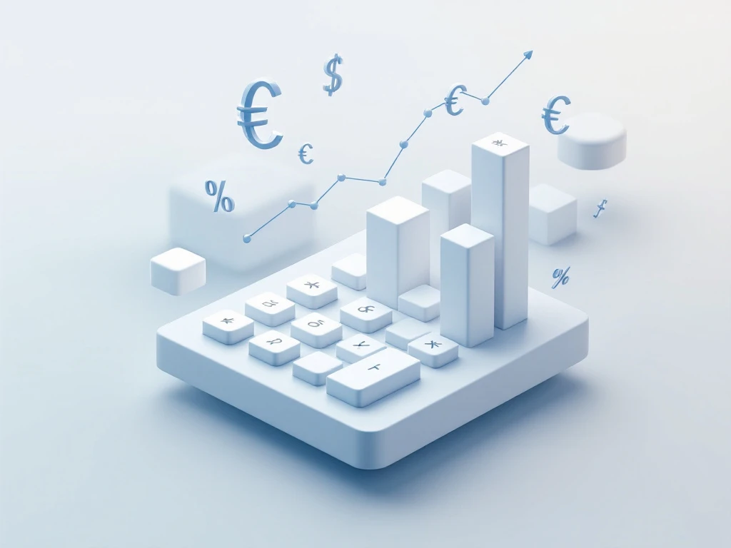 3D calculator met zwevende euro-symbolen en grafieken voor ERP-kostenanalyse op lichtgrijze achtergrond
