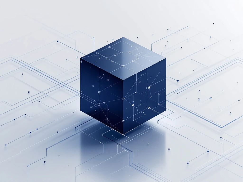 3D geometrische kubus met verbonden netwerkknooppunten en datastromen in marineblauw en zilver voor ERP software