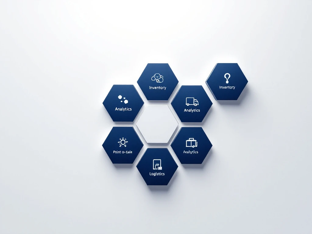 Acht onderling verbonden zeshoekige ERP-modules in marineblauw en zilver met abstracte pictogrammen op witte achtergrond