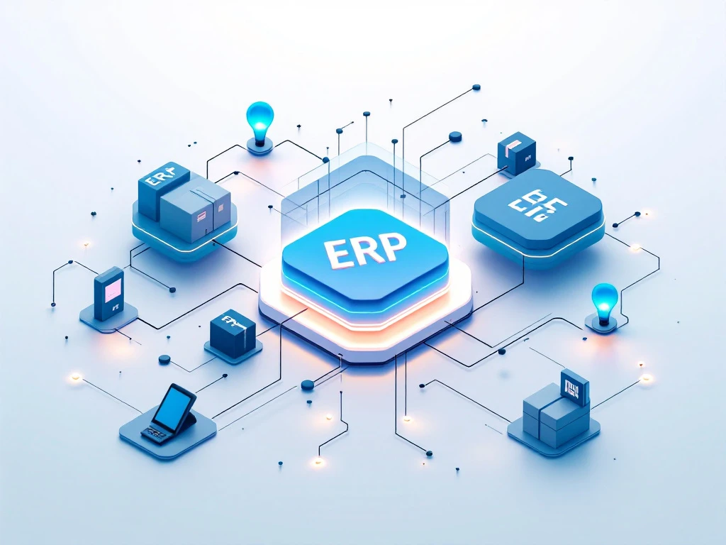 Hexagonale ERP-systeemmodules verbonden in blauw netwerk met winkelwagentje, barcodescanner en voorraaddozen