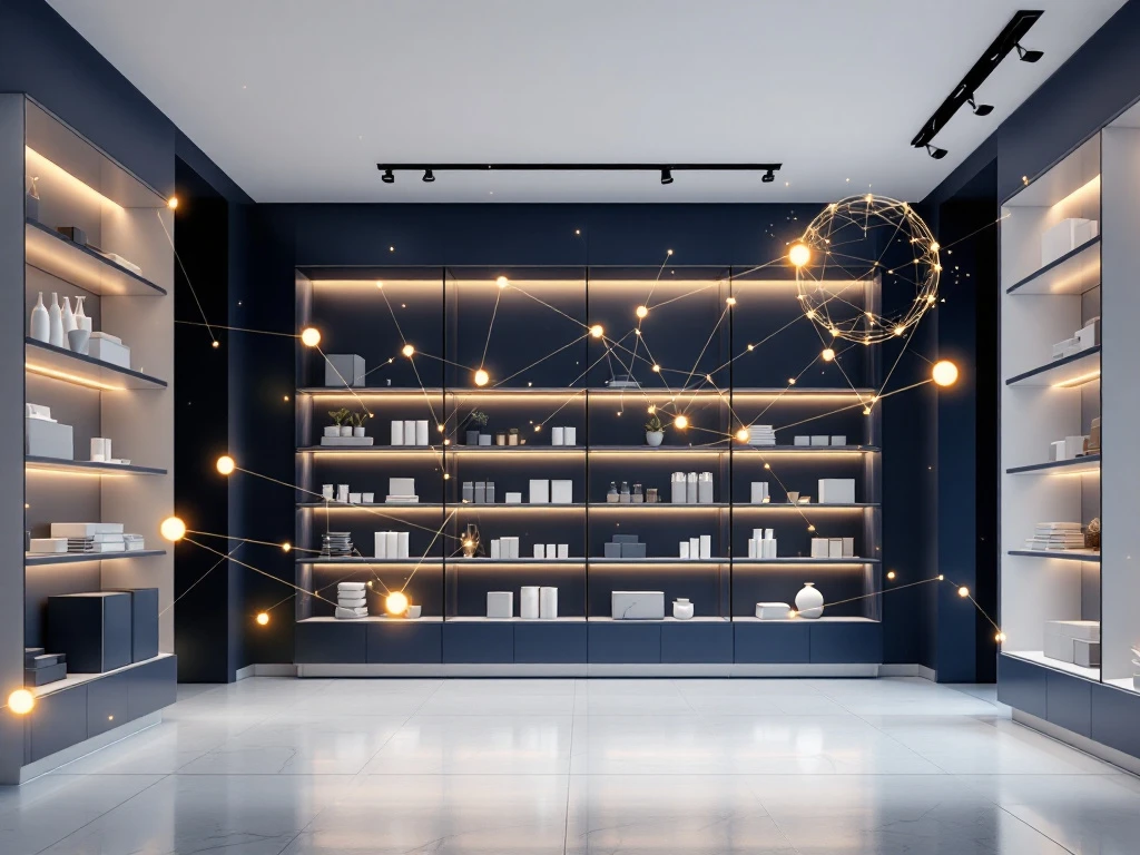 Moderne winkelinterieur met digitale datastromen die ERP-systeemintegratie visualiseren in navy, wit en goud