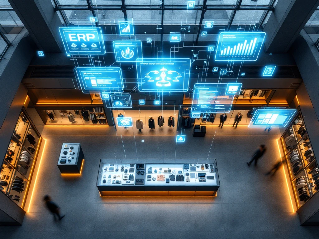 Moderne winkel met digitale ERP-systeem hologrammen die voorraadbeheer en analytics tonen boven glazen displays