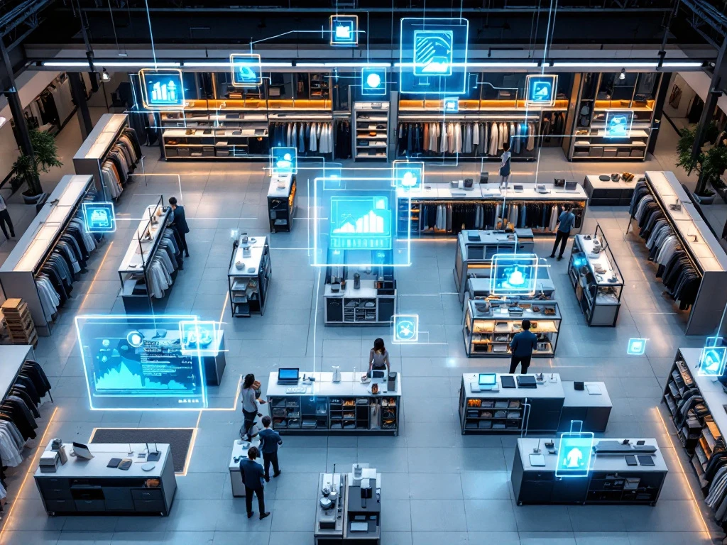 Moderne winkelindeling met zwevende ERP-systeem interfaces die voorraad en verkoopcijfers tonen via holografische datastromen