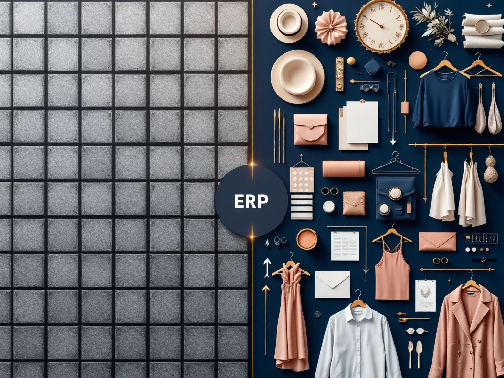 Split-screen vergelijking van standaard ERP-systemen versus mode-industrie ERP met geometrische blokken en elegante kledingelementen