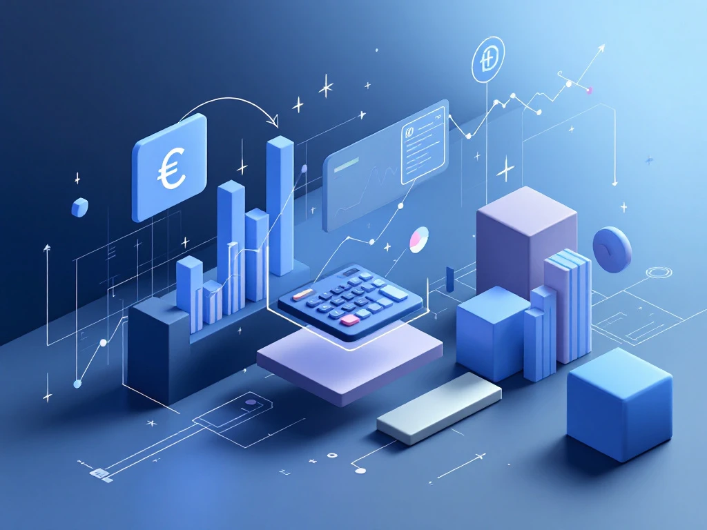 Moderne financiële calculator met euro symbolen boven geometrische vormen in blauw-grijze kleuren voor kostenanalyse