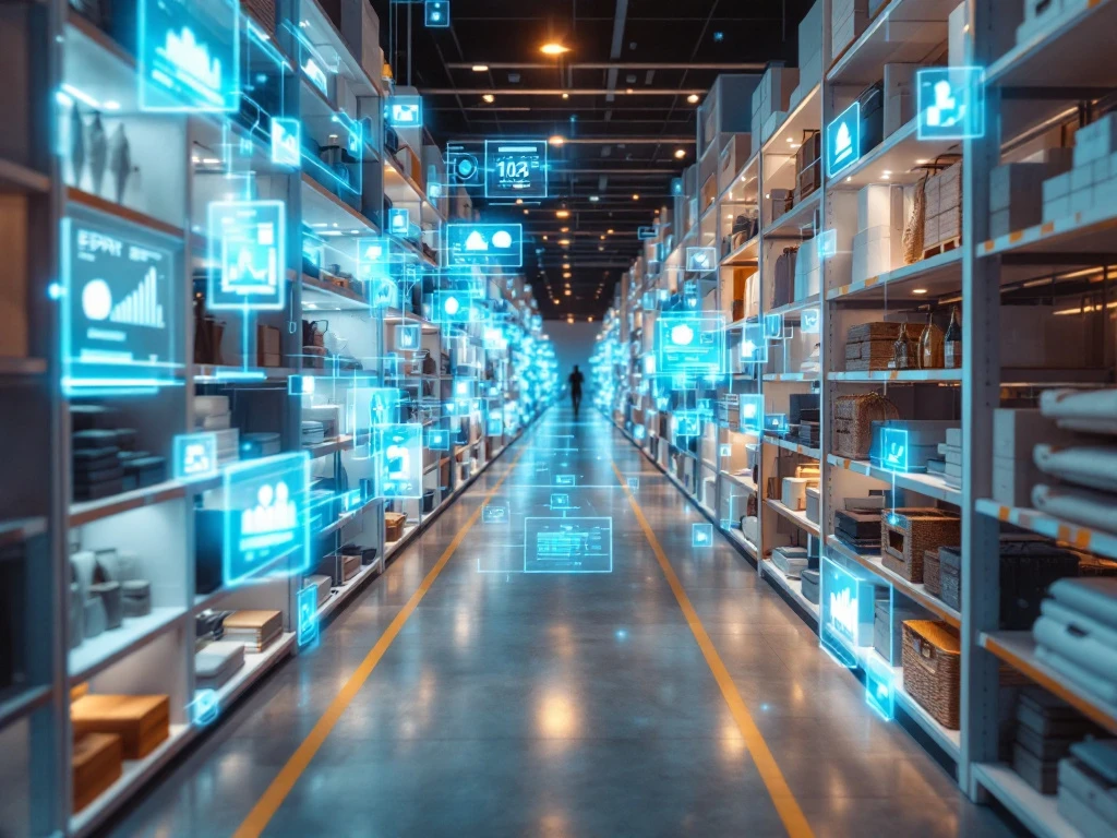 Moderne retailwarehouse met witte stellingen, holografische datastromen en ERP-controlesysteem voor voorraadbeheer