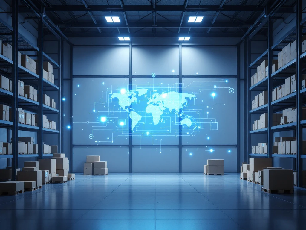 Moderne magazijn met geometrische opslag en zwevende holografische inventarisdata in blauw-wit kleurenschema