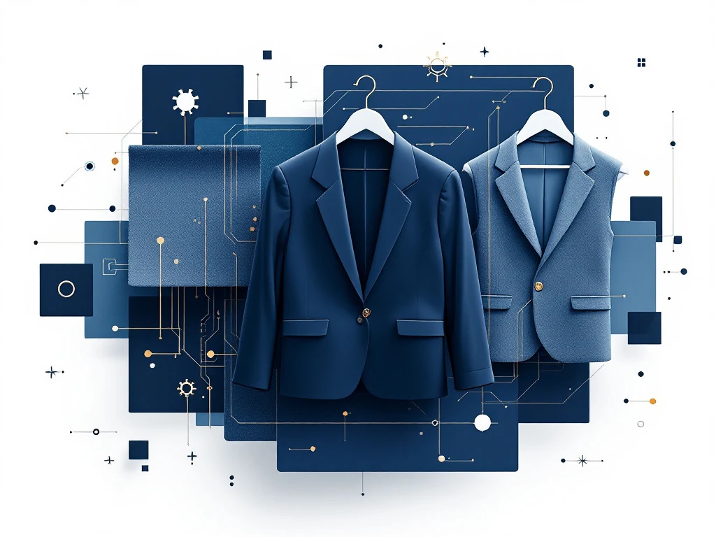 Minimalistische compositie met geometrische mode-elementen, kleerhangertjes en automatiseringssymbolen in navy, wit en goud