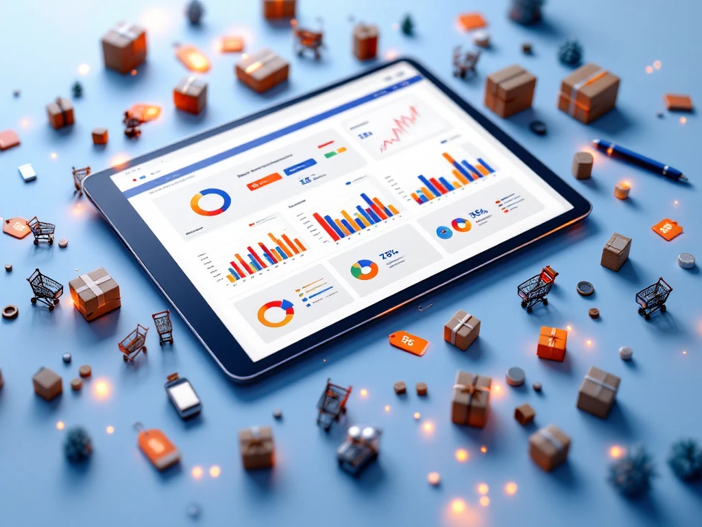 Tablet met retail analytics dashboard toont kleurrijke datavisualisaties, omringd door miniatuur winkelwagentjes en prijslabels