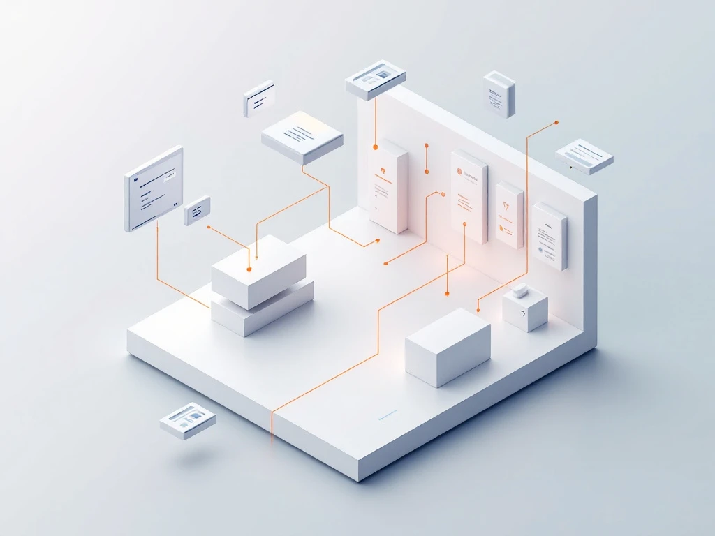 3D isometrische weergave van witte winkel verbonden met digitale interfaces via oranje en blauwe datastromen op gradiënt
