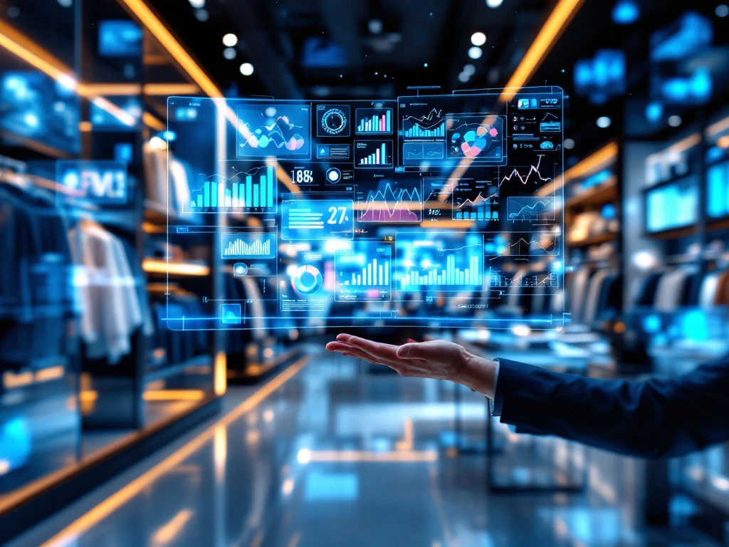 Moderne winkelinterieur met holografische KPI-dashboards, grafieken en data-visualisaties tussen kledingrekken