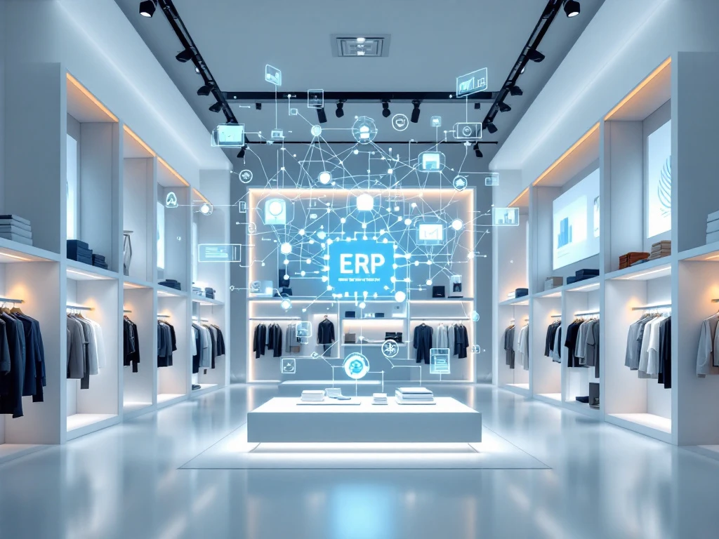 Moderne winkelinterieur met zwevende ERP-systeem flowchart en digitale interface-elementen in blauw-wit design