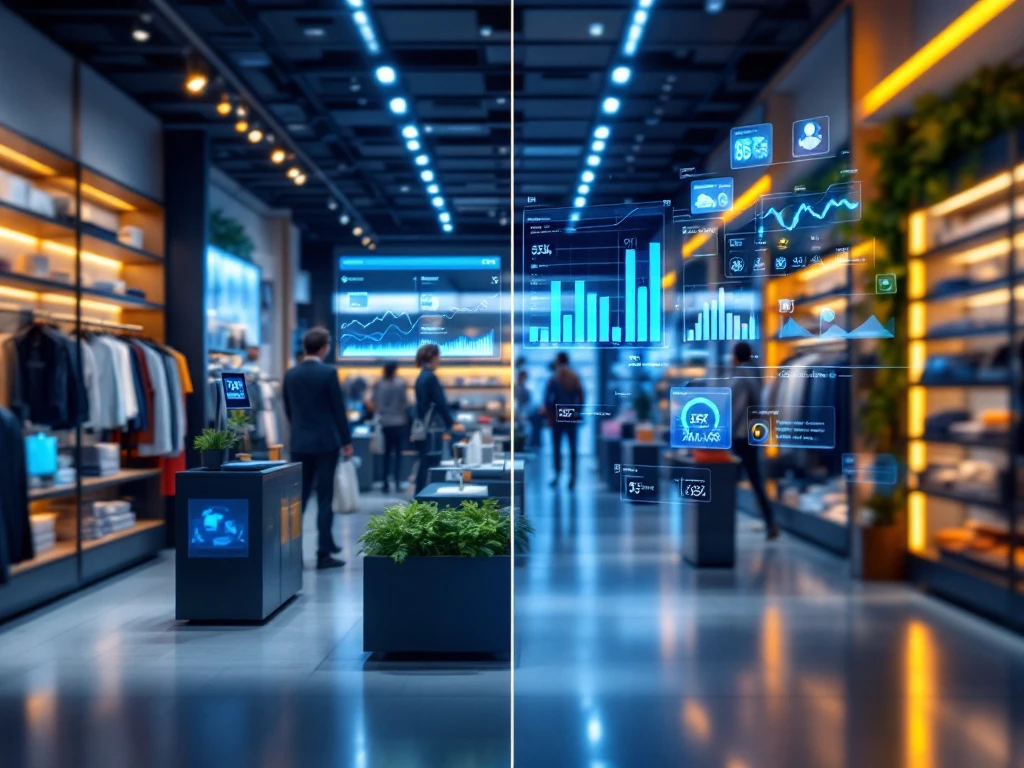 Moderne winkelruimte met digitale prijskaartjes naast 3D-dashboard met klantgegevens en verkoopgrafieken