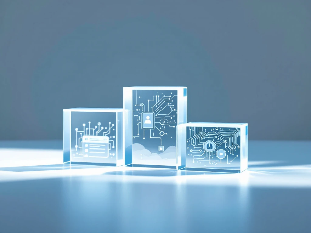 Drie transparante blokken in driehoeksvorm met geometrische patronen voor softwarevergelijking op witte achtergrond