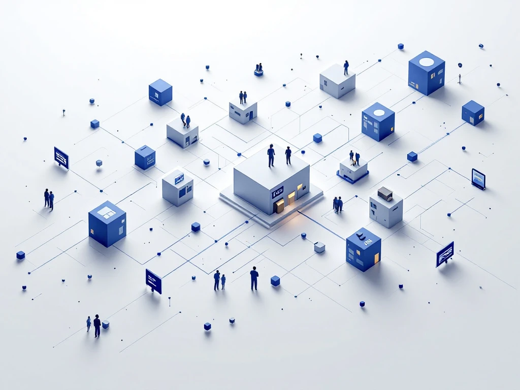 Geometrisch netwerk van verbonden knooppunten met warehouse- en retailiconen voor supply chain optimalisatie in blauw-grijs