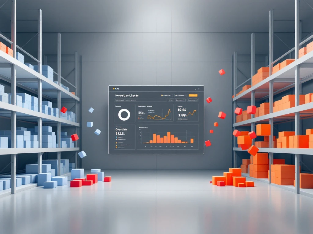 Minimalistisch magazijn dashboard met georganiseerde blauwe voorraadblokken links en verspreide rode/oranje vormen rechts