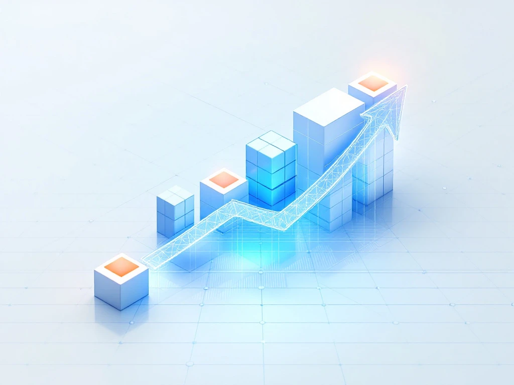 Georganiseerd magazijn met voorraaddozen in pijlpatroon, blauwe en witte kleuren met oranje accenten, ERP-connectiviteit