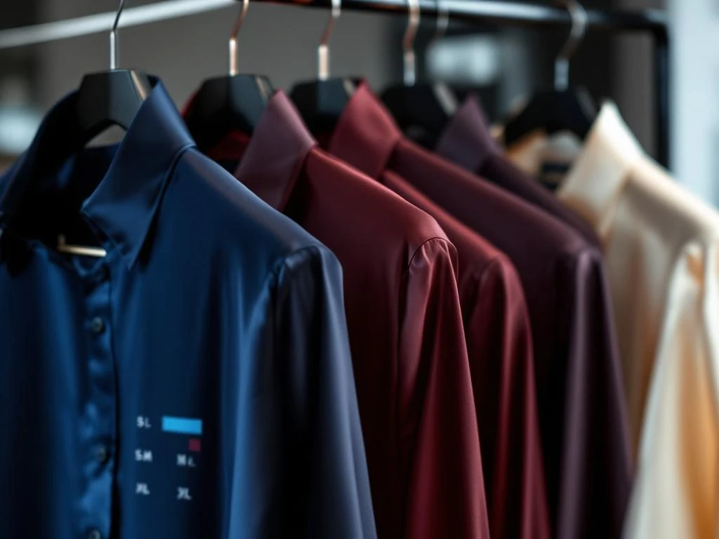 Zijden shirts in navy, bordeaux en crème op chromen rails met maatlabels naast ERP dashboard voor modewinkel management