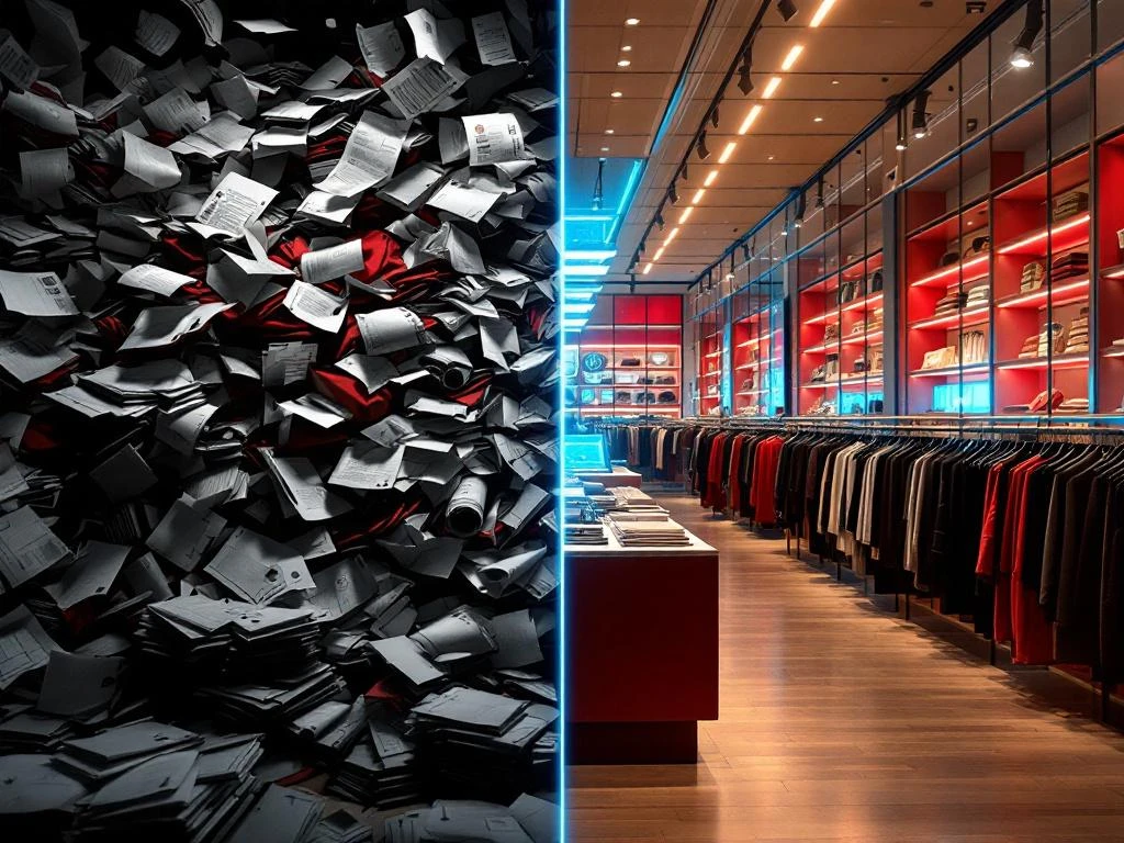 Retail transformatie: chaotische winkel links versus georganiseerde digitale winkel rechts met blauwe interfaces