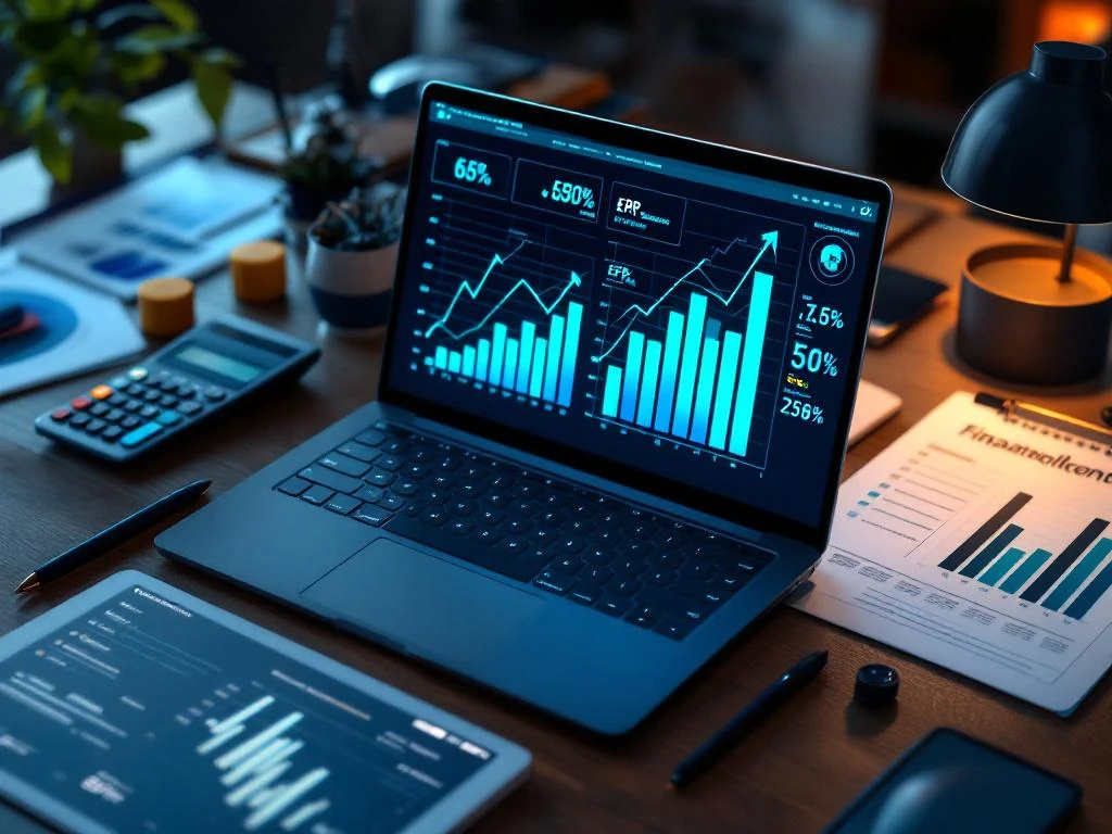 Laptop met groeiende omzetgrafieken op modern bureau met tablet, financiële documenten en calculator in professionele verlichting