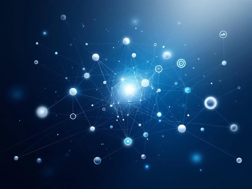 Geometrisch netwerk van verbonden dataknooppunten in blauw en wit met analytische iconen voor ERP-systeemintegratie