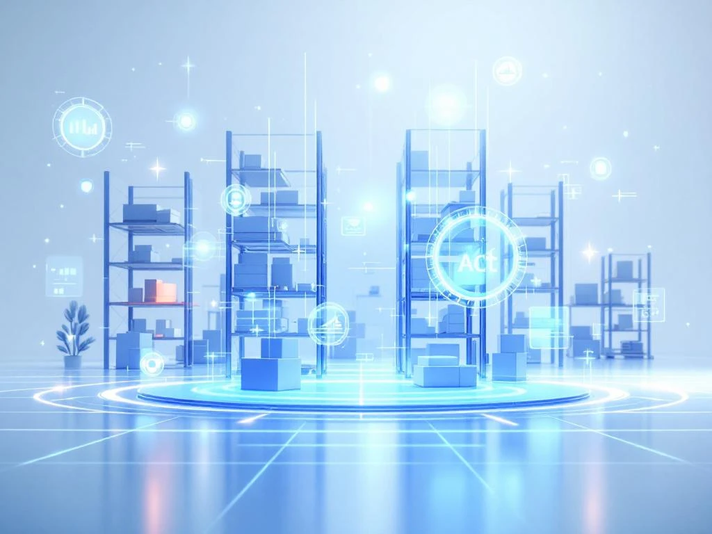 Digitaal magazijn met holografische data-indicatoren en geometrische opslag in blauw-wit kleurenschema